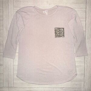 Now N Forever Tan Knit Top with Gold Sequin Pocket & Elbows